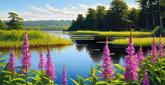 A lush wetland filled with purple loosestrife plants towering over struggling native plants under a clear blue sky, with sunlight reflecting on the water.