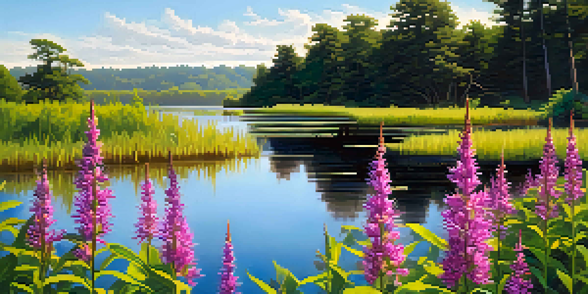 A lush wetland filled with purple loosestrife plants towering over struggling native plants under a clear blue sky, with sunlight reflecting on the water.