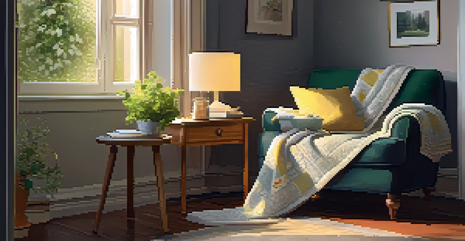 A cozy reading nook with a person in an armchair holding lemon balm tea, a book on their lap, and soft lighting from a floor lamp.