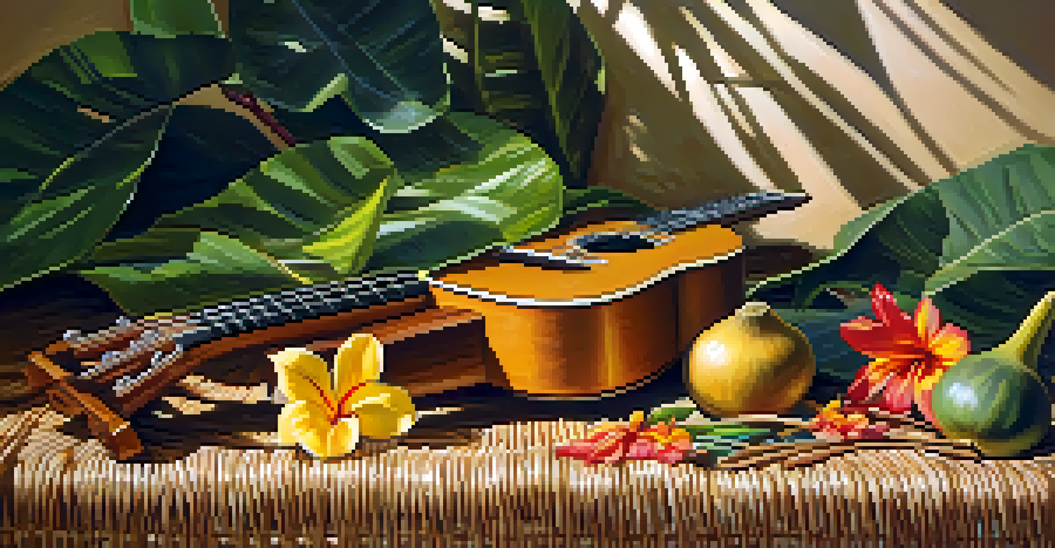 Traditional Hawaiian instruments including a ukulele and ipu gourd on a woven mat, surrounded by ti leaves and tropical flowers, illuminated by warm afternoon light.