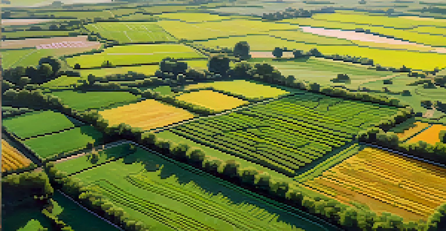 Aerial view of a green agricultural field with crop rotation and wildflowers, highlighting biodiversity and soil health.