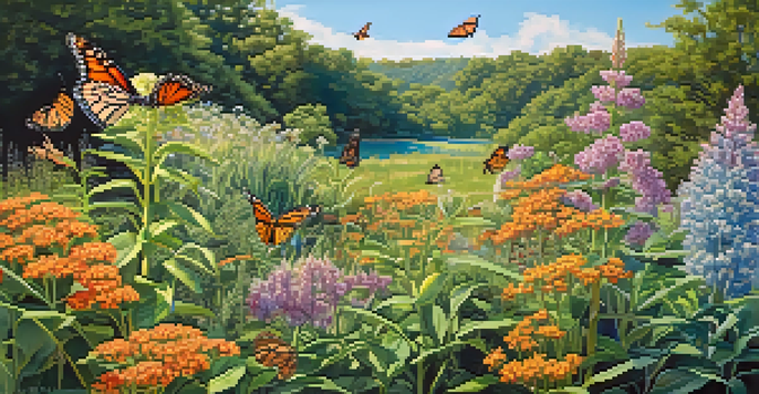 A colorful garden featuring native plants like milkweed and monarch butterflies, under a sunny blue sky.