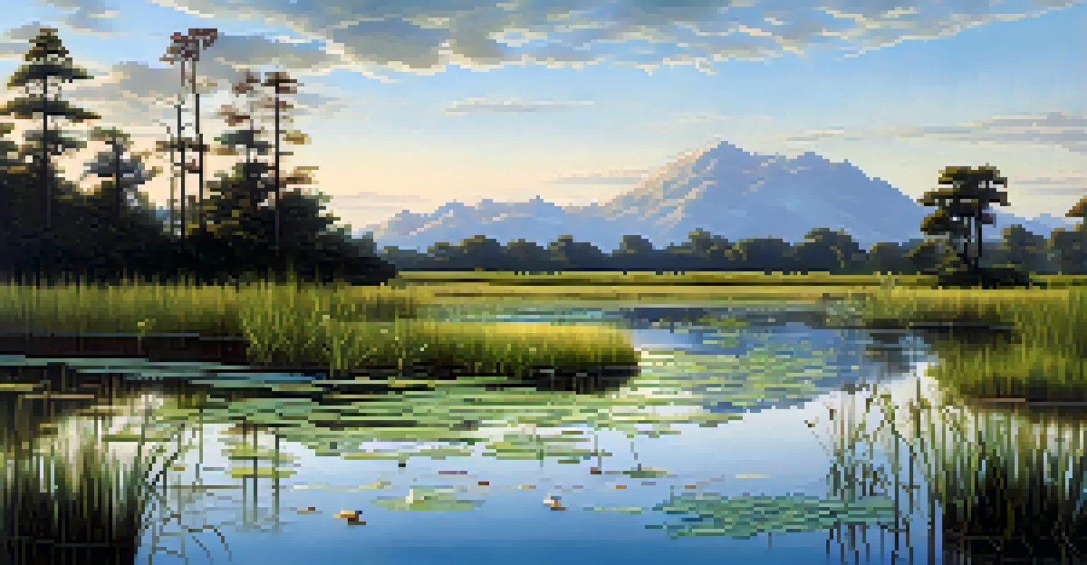 A wetland scene post-flooding, showing thriving plants and submerged areas, with water reflecting the sky and birds in the background.
