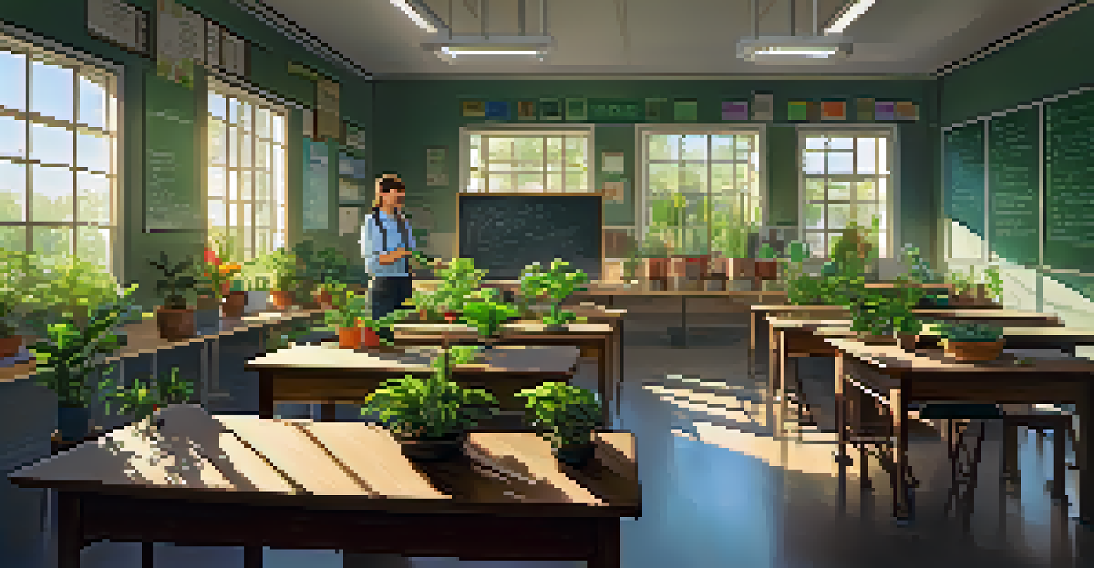A classroom filled with students engaged in a plant conservation lesson, with potted plants and educational diagrams on the board.