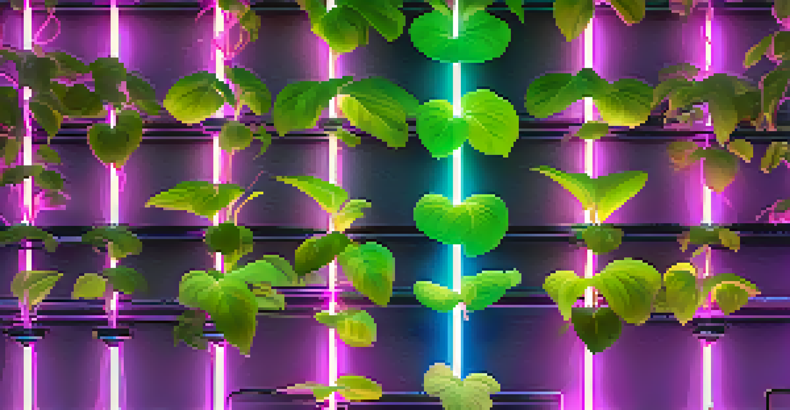 A close-up of a hydroponic nutrient solution system with LED lights and healthy plants.