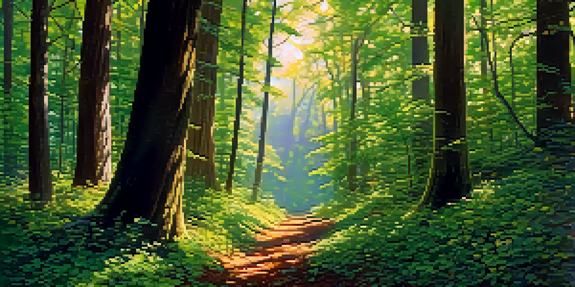 A bright forest with tall trees and sunlight filtering through the leaves, creating a serene atmosphere.