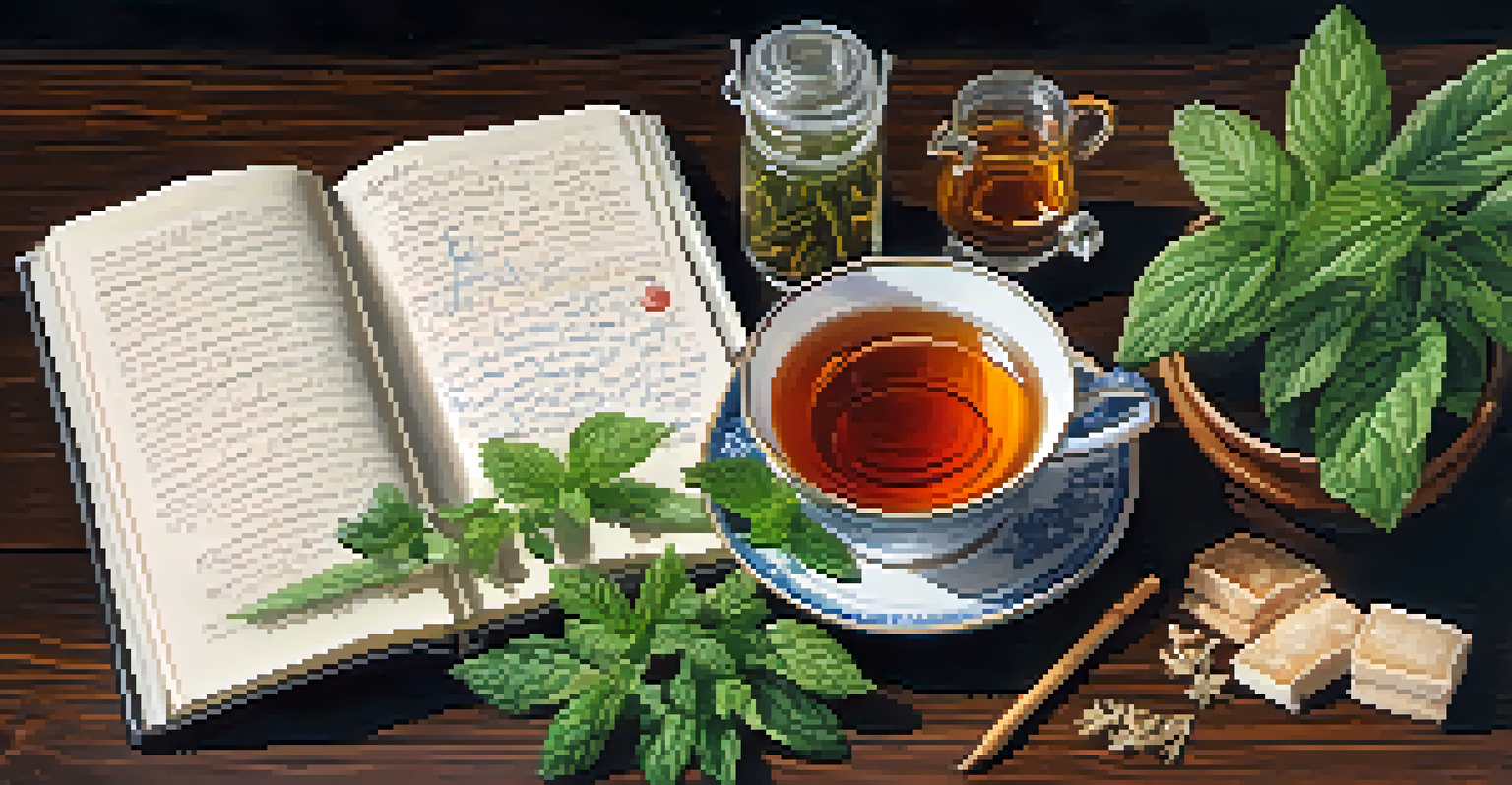 An arrangement of fresh peppermint and ginger with a steaming cup of tea and a notebook, all in warm lighting.