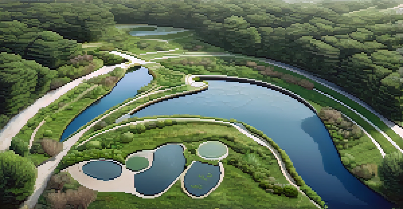 An aerial view of a permaculture landscape with swales and ponds surrounded by greenery.
