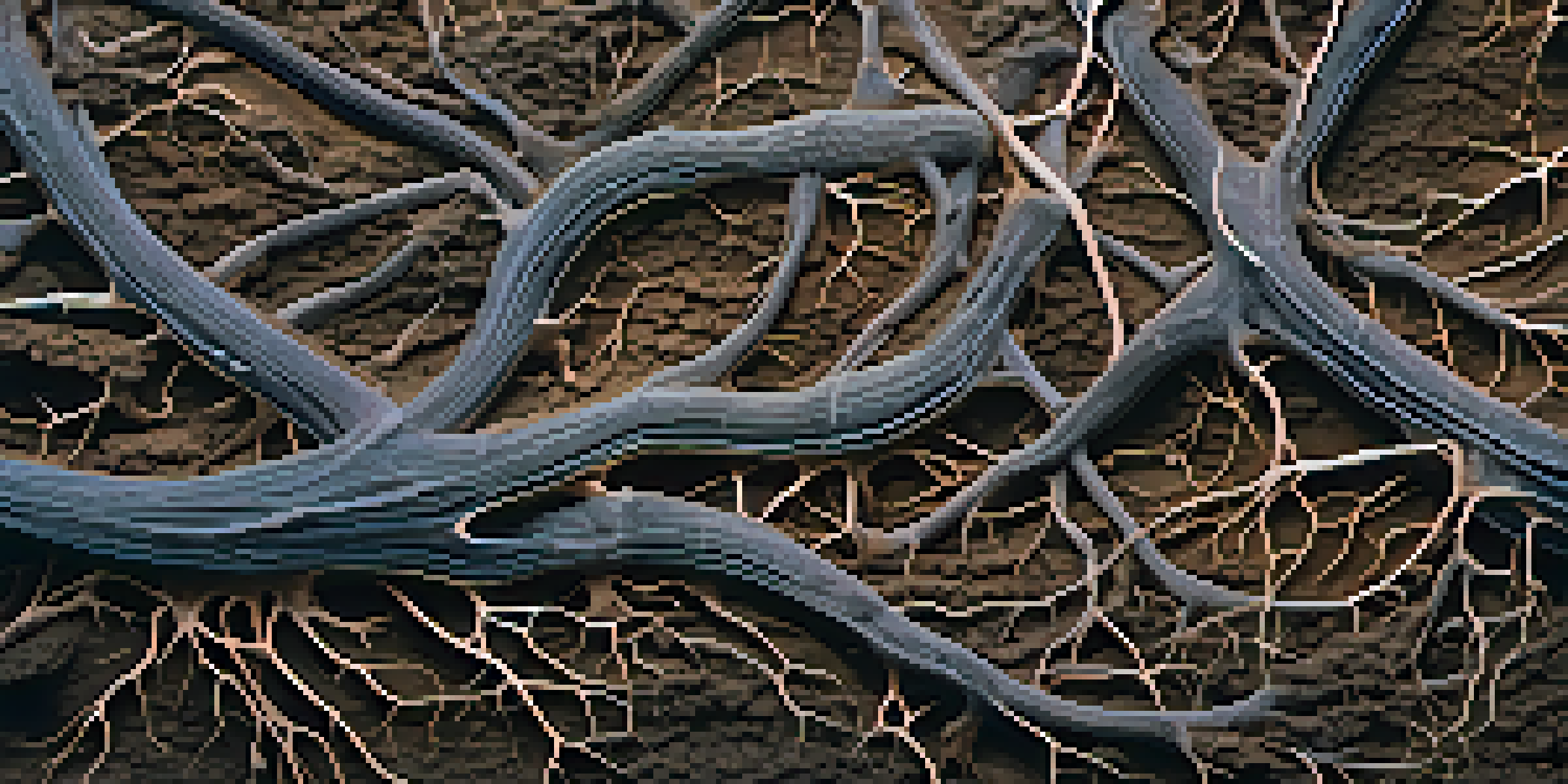 Close-up of a plant root system with mycorrhizal fungi in rich soil, illuminated by natural light.