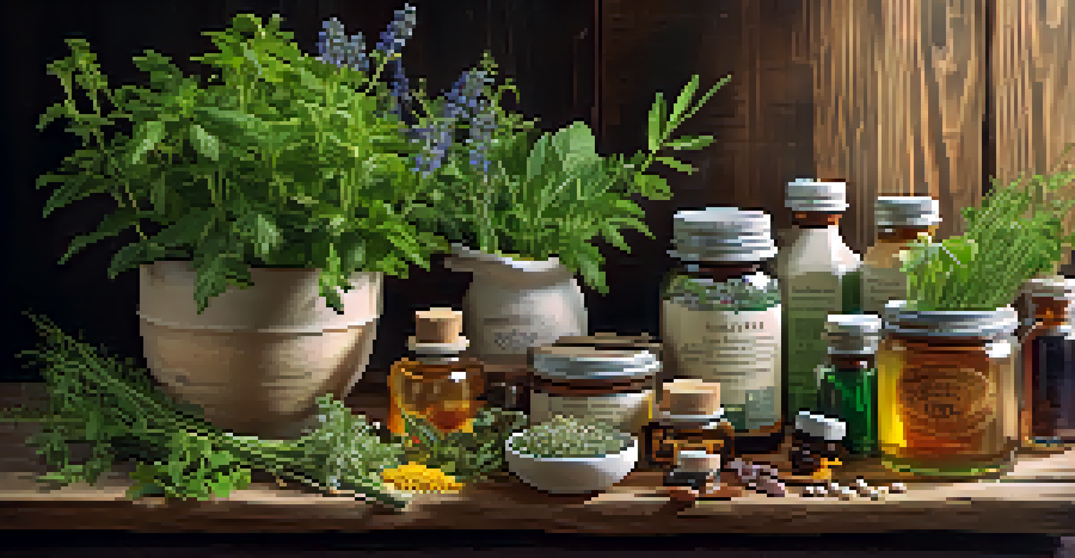A collection of colorful plant-based homeopathic ingredients on a wooden table, labeled with their uses in homeopathy.