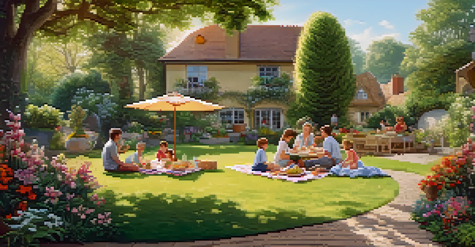 A family having a picnic in a colorful garden, with children playing and adults enjoying food, all in warm sunlight.