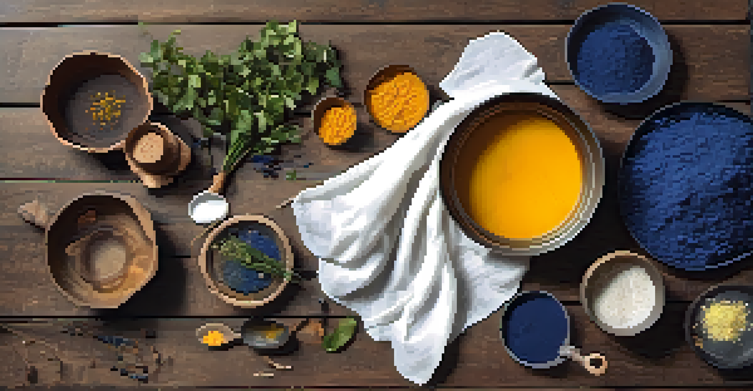 Overhead view of the plant dyeing process, showing a pot with dye plants and fabric pieces on a wooden table.