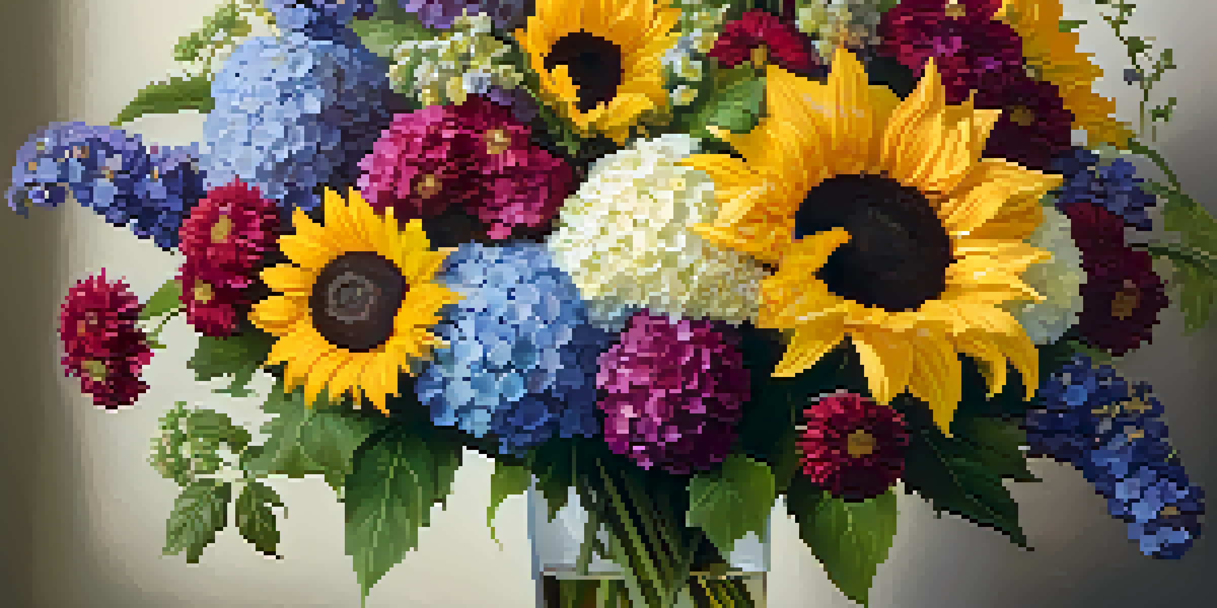 A vibrant floral arrangement with large sunflowers and hydrangeas mixed with smaller daisies and violets in a tall vase, illuminated by warm lighting.