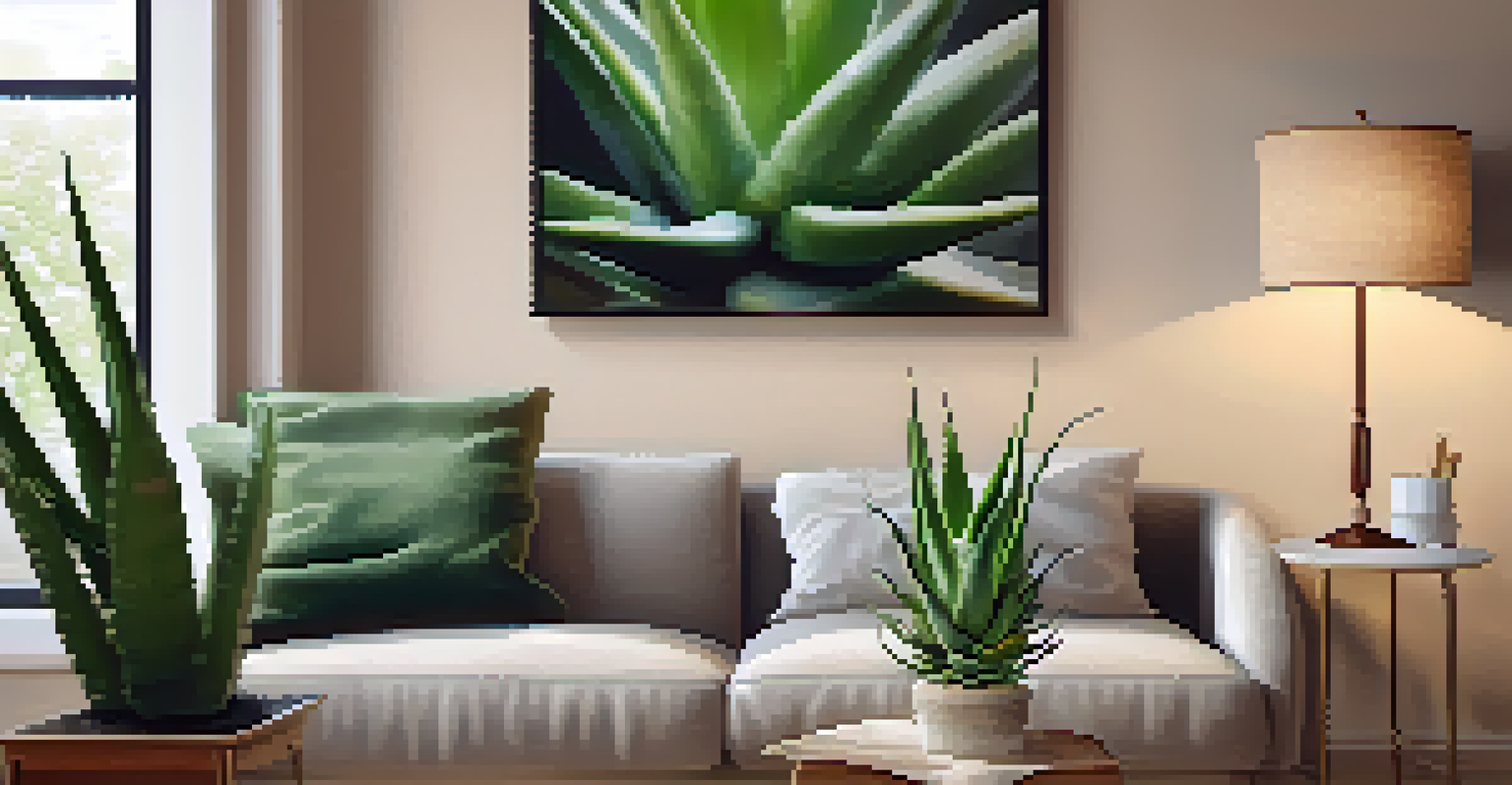 A cozy living room corner with an aloe vera plant on a table, a warm lamp glow, and a cup of chamomile tea.