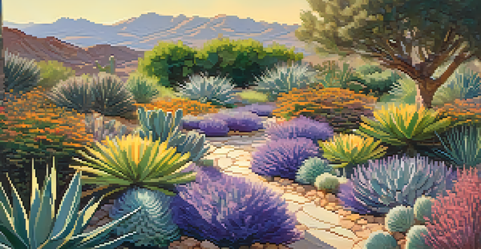 A vibrant garden filled with drought-resistant plants like lavender, agave, and sedum, illuminated by warm sunlight.