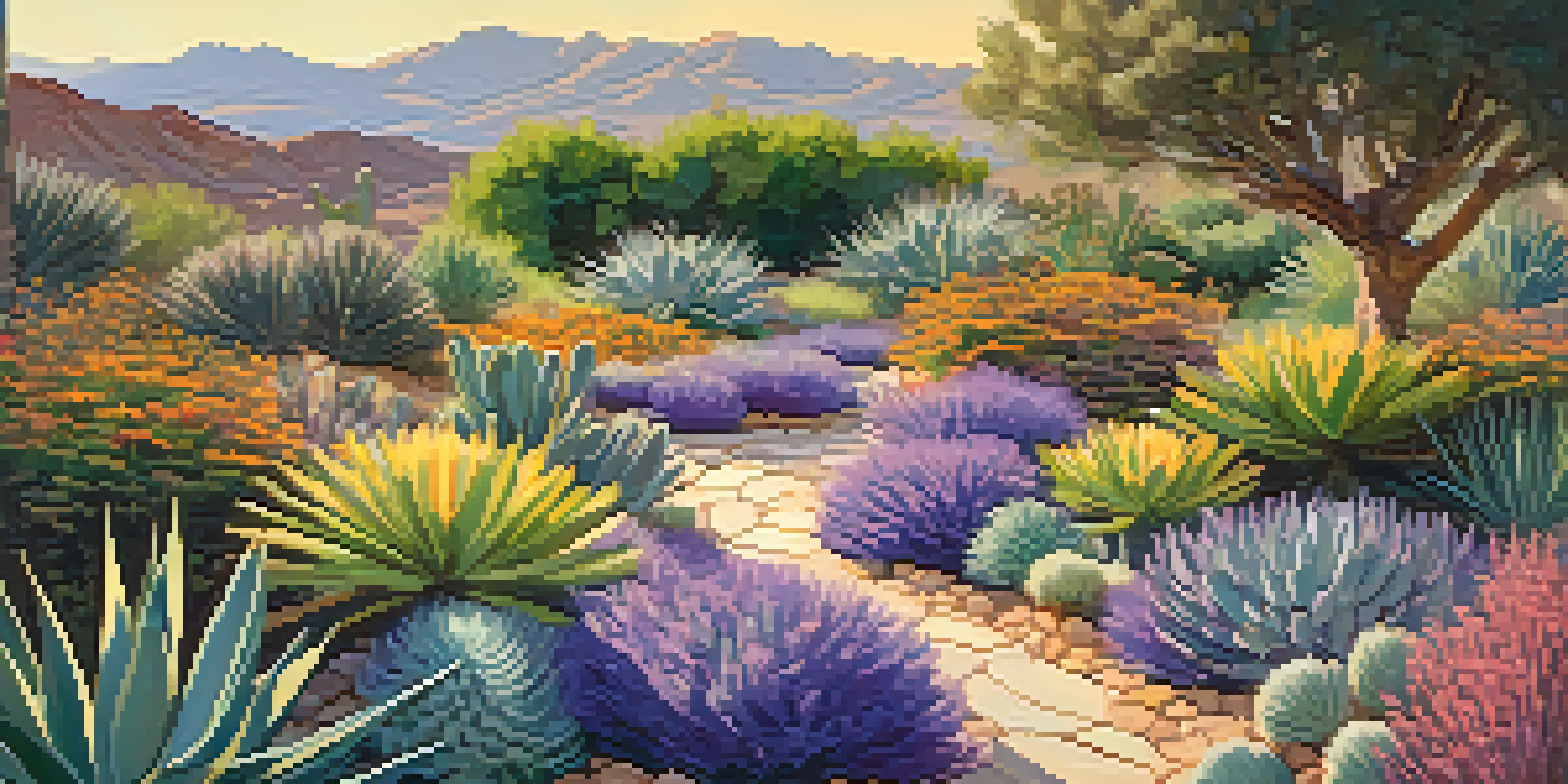 A vibrant garden filled with drought-resistant plants like lavender, agave, and sedum, illuminated by warm sunlight.