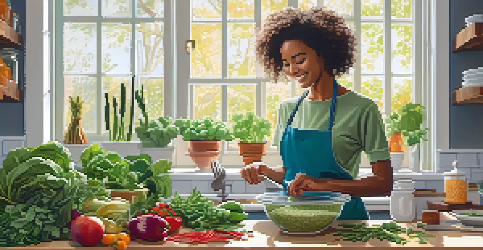 A person happily preparing a plant-based meal in a bright kitchen, surrounded by fresh ingredients.