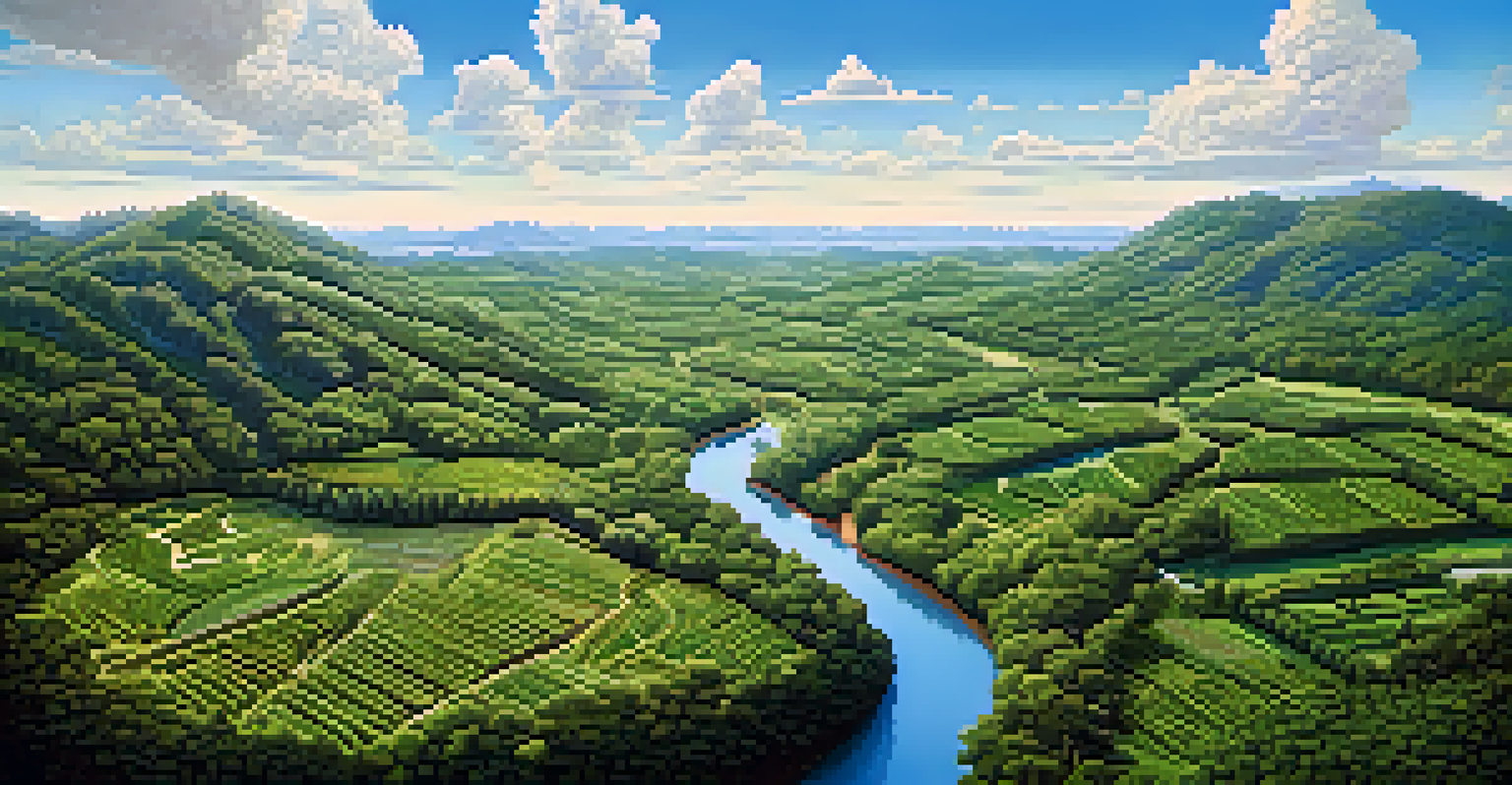 An aerial view of a diverse agroforestry system with layers of trees, shrubs, and crops, under bright blue skies and fluffy clouds.