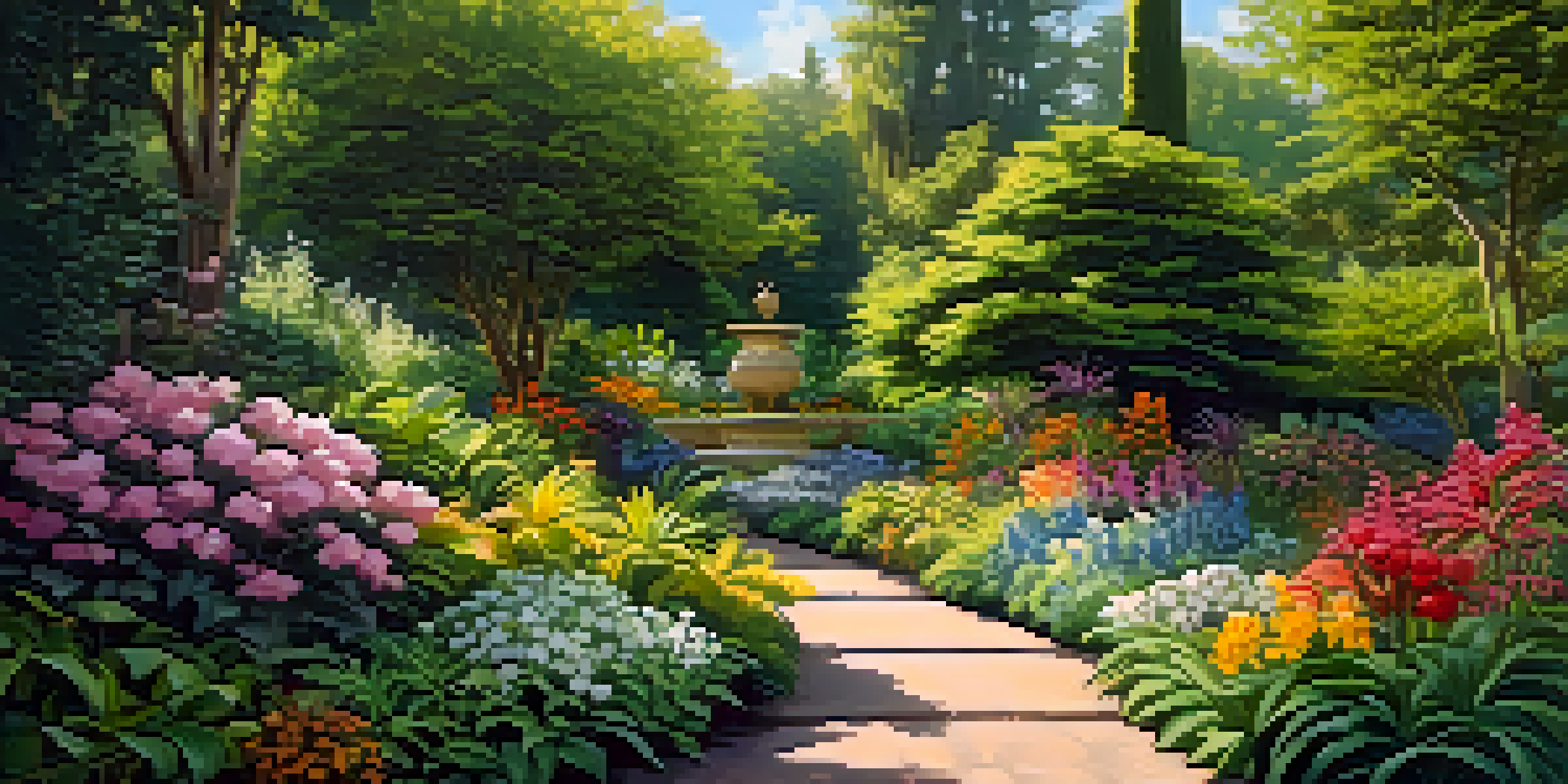 A colorful botanical garden with blooming flowers, green foliage, and a winding pathway illuminated by soft sunlight.