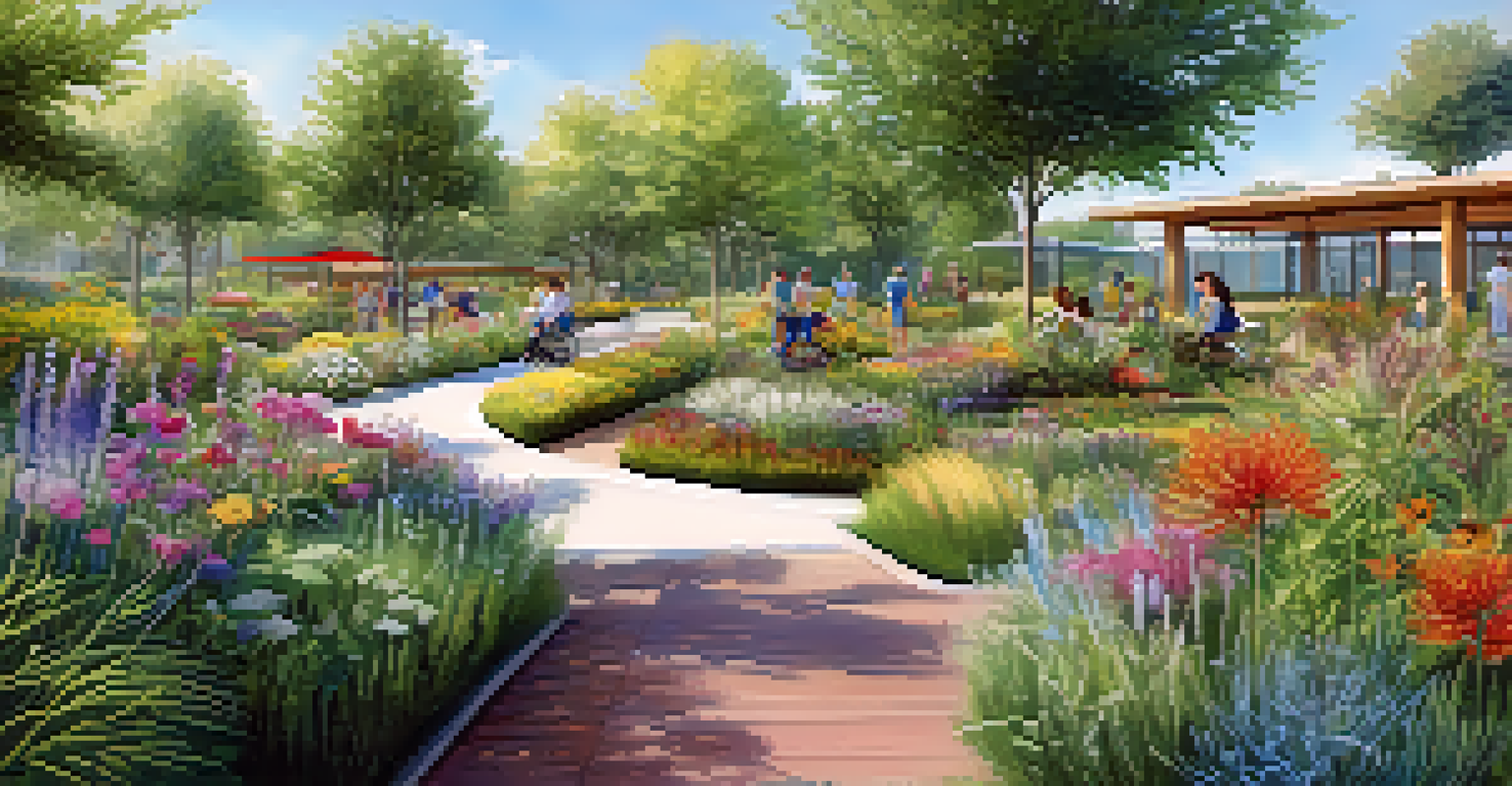 An inclusive botanical garden with wheelchair-accessible paths and children exploring sensory plants.