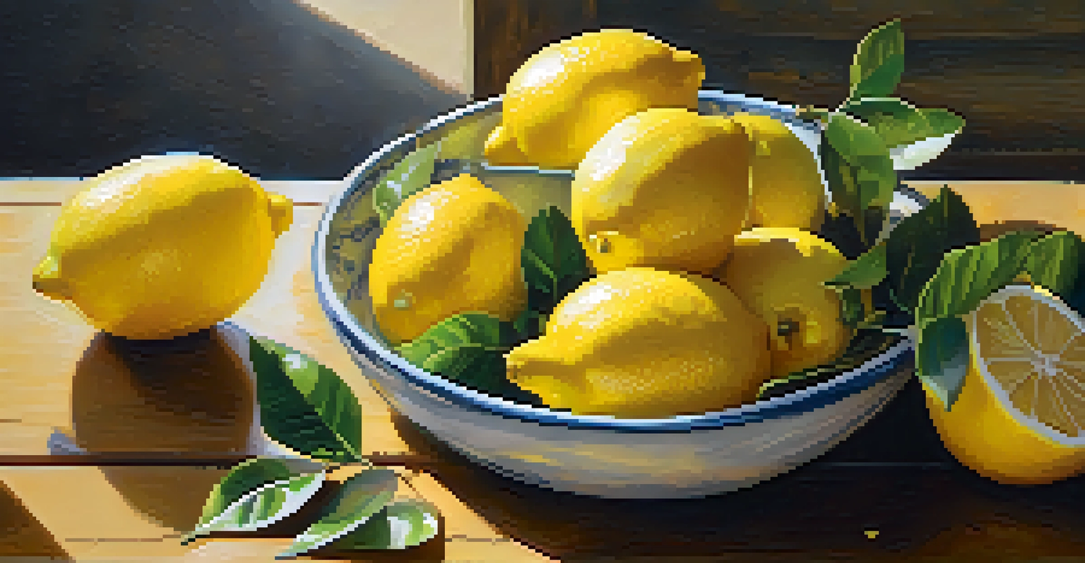 Freshly picked lemons in a rustic bowl on a wooden table, set against a sunny garden backdrop.