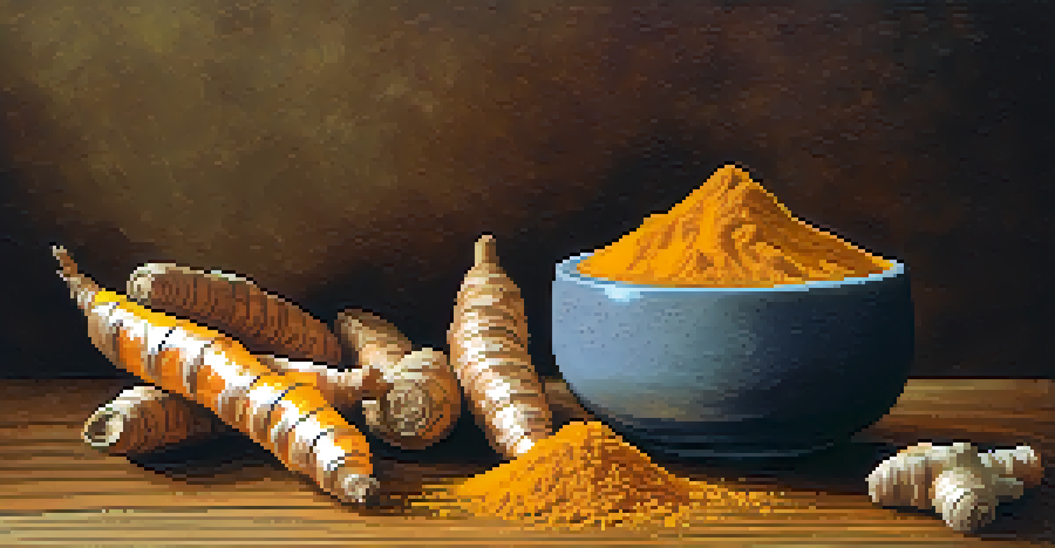 A close-up shot of turmeric root and powder on a wooden surface, with sprigs of fresh ginger and a bowl of ginger tea in the background.