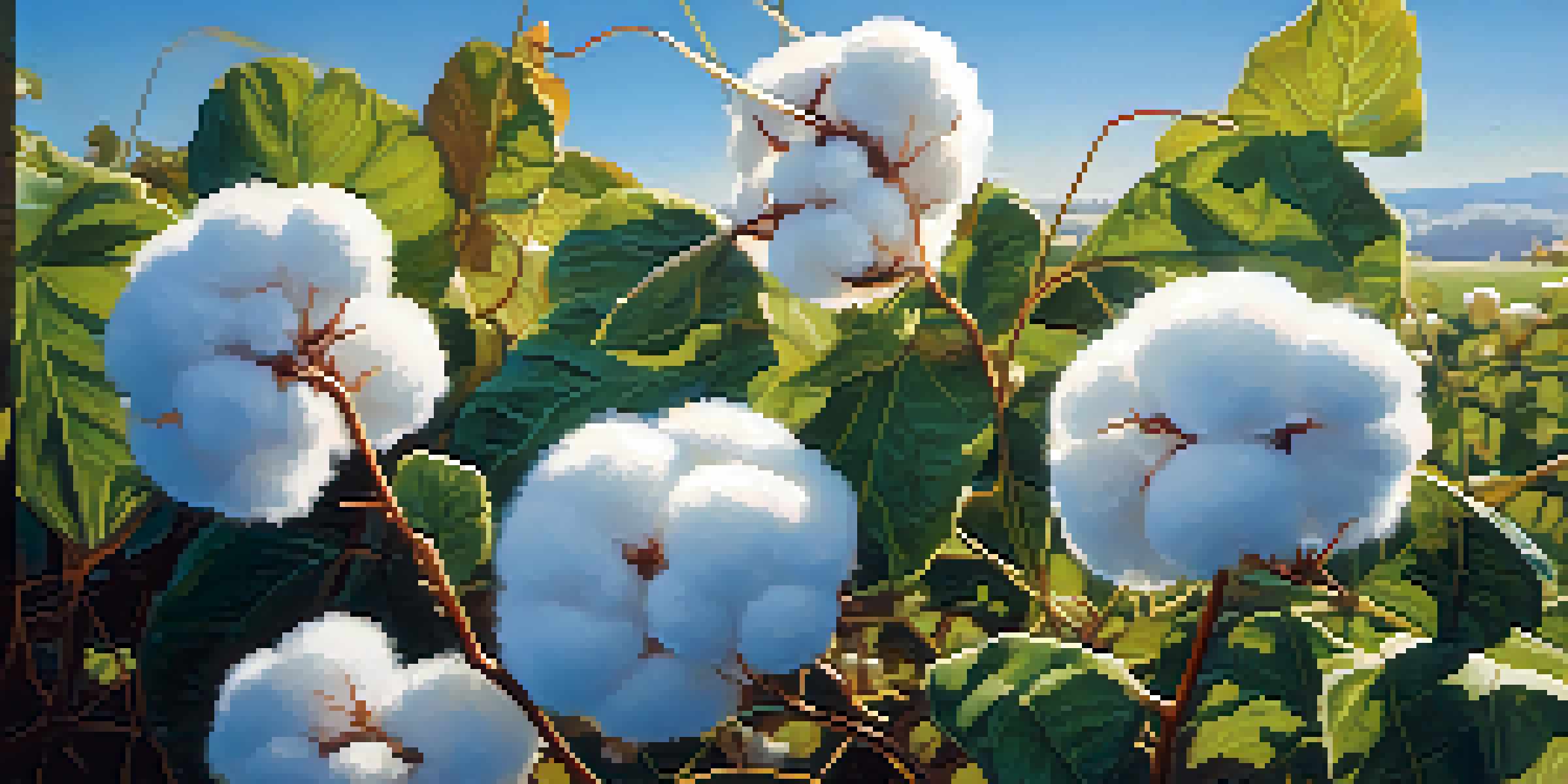 A close-up of organic cotton plants with white cotton bolls and green leaves under a blue sky.