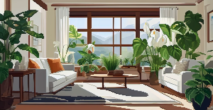 A bright and inviting living room showcasing a variety of indoor plants, including a peace lily and pothos, with sunlight filtering through a window.