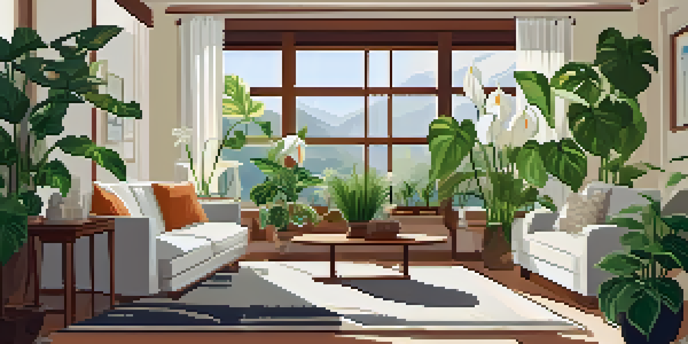 A bright and inviting living room showcasing a variety of indoor plants, including a peace lily and pothos, with sunlight filtering through a window.