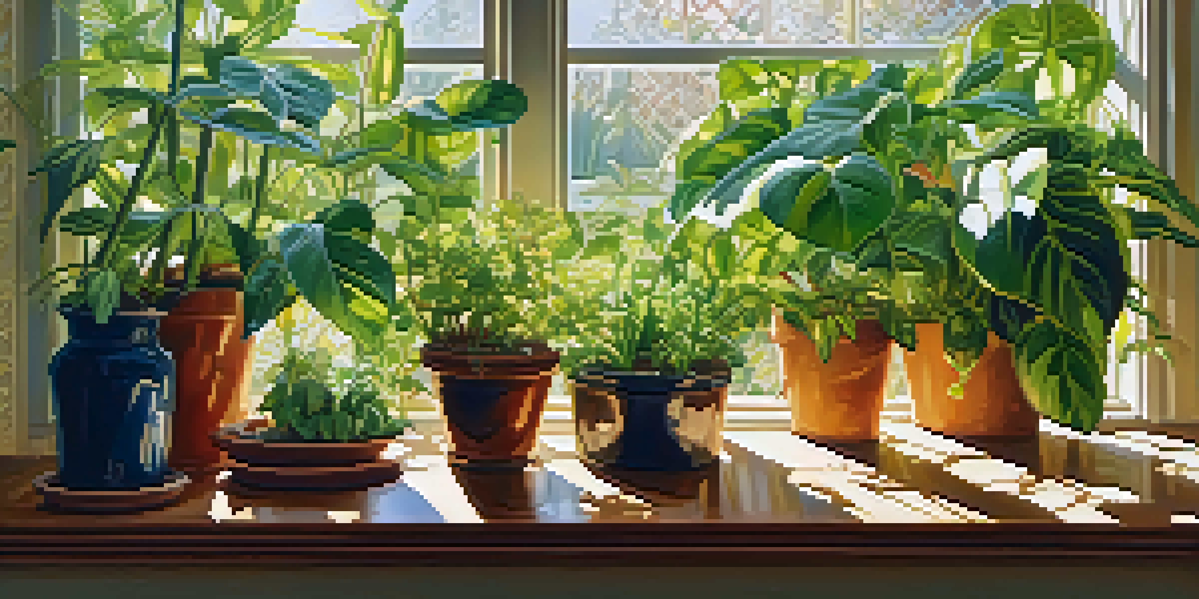 An indoor garden with houseplants leaning towards a bright window, showcasing green leaves illuminated by sunlight.
