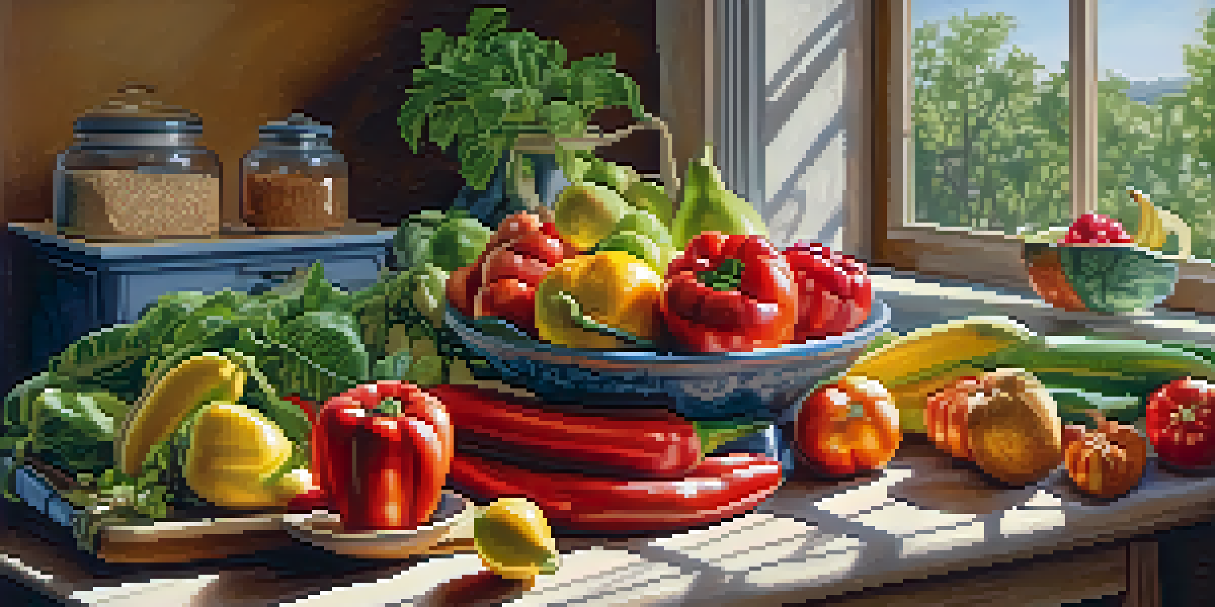 A colorful assortment of fresh fruits and vegetables displayed on a wooden table in a bright kitchen setting.