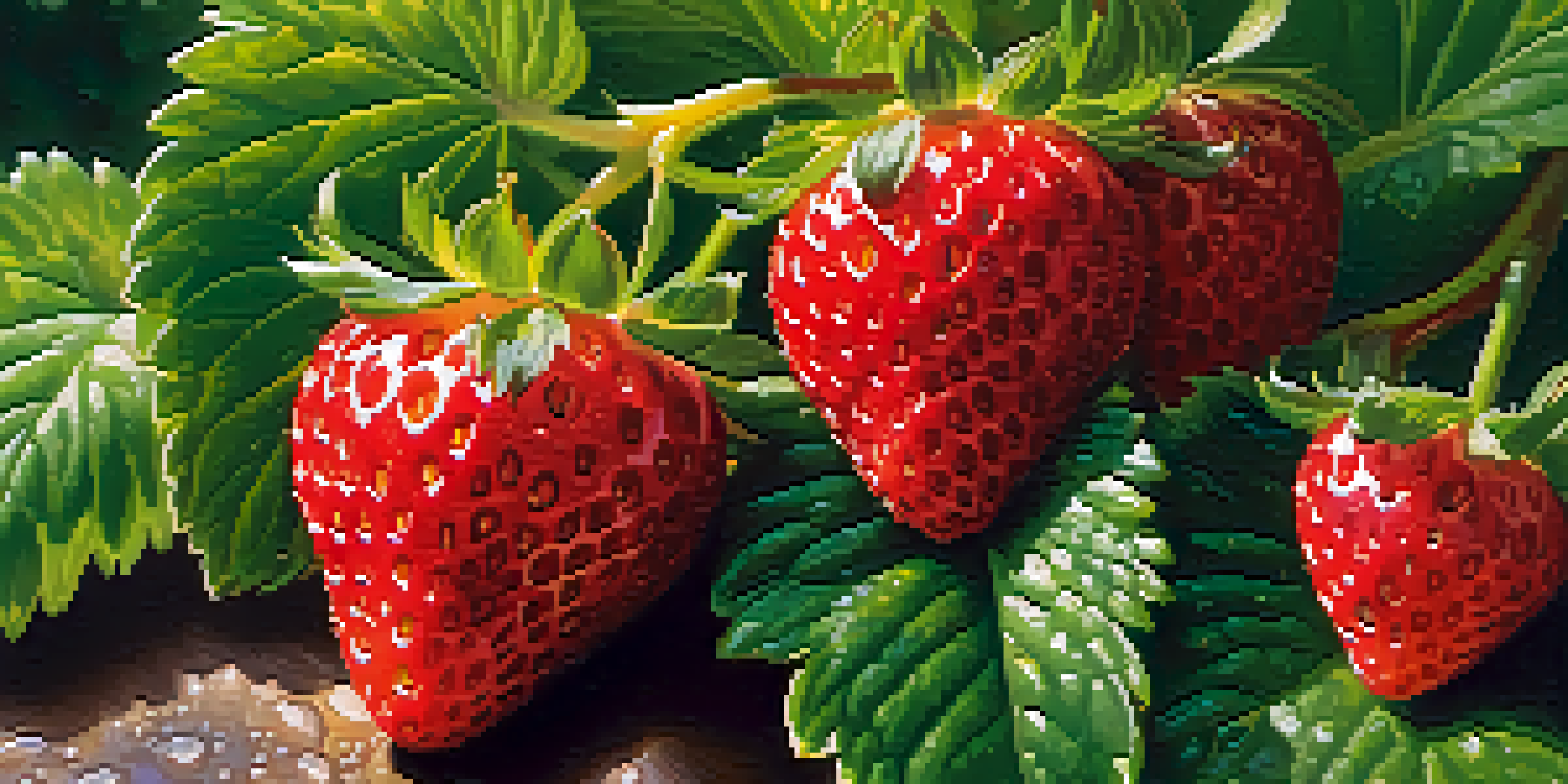 A close-up of ripe strawberries surrounded by green leaves, glistening with dew in the sunlight.