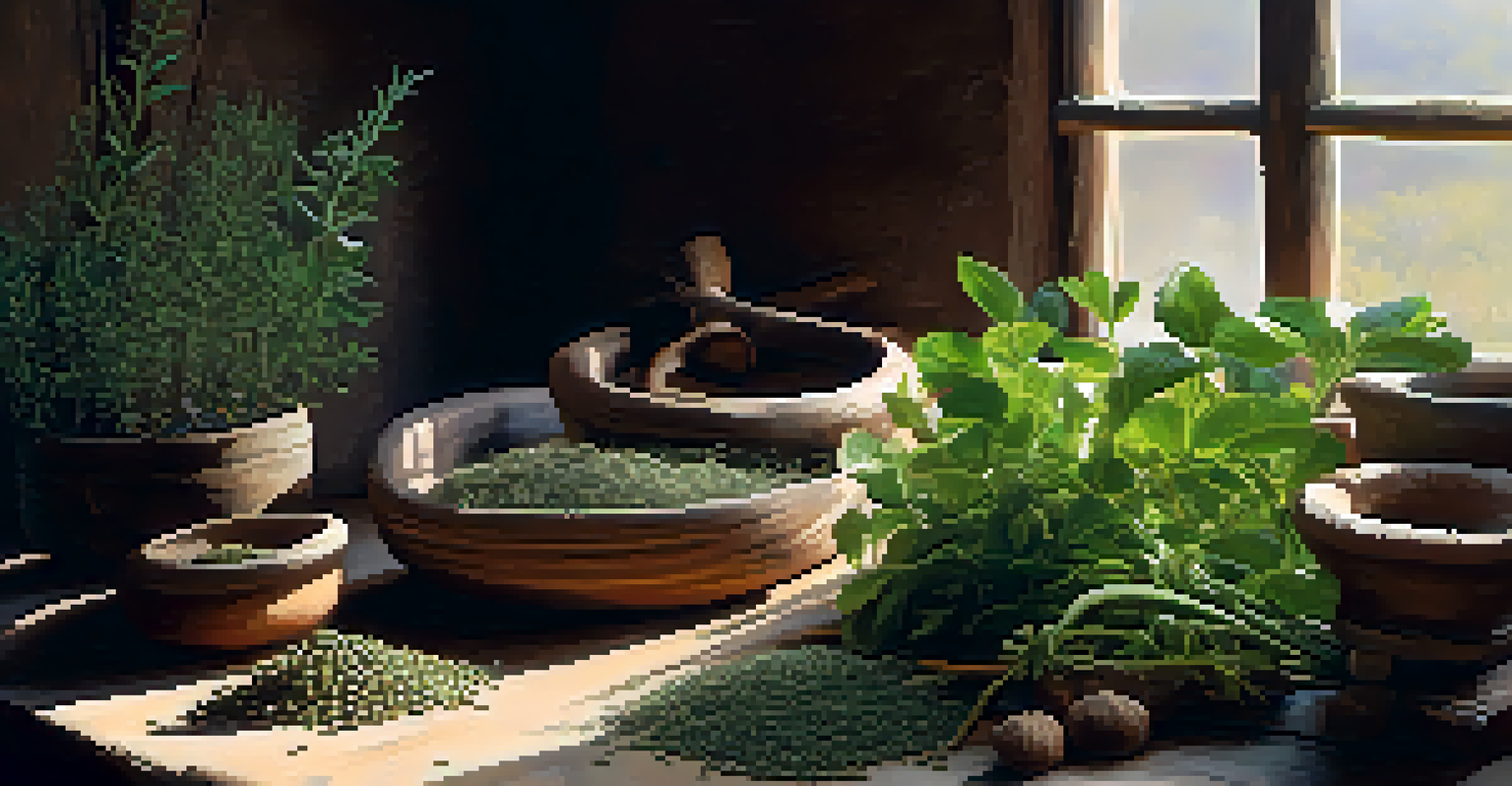A traditional healer's hands working with medicinal plants on a rustic table, illuminated by natural light, showcasing the textures of the herbs and the healer's hands.