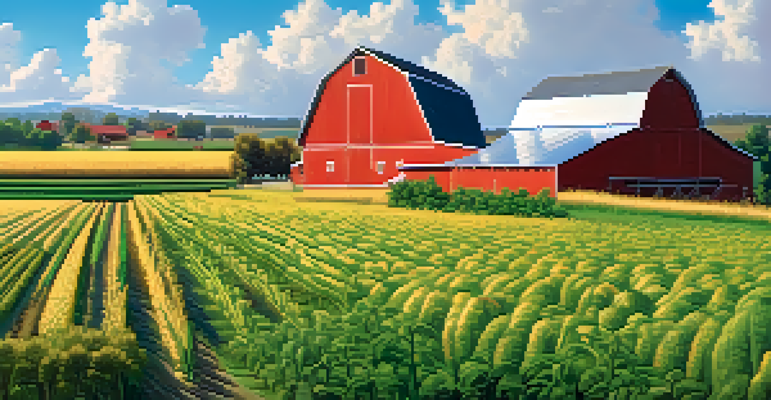 A diverse farm landscape with genetically engineered crops, including Golden Rice and maize, under a clear sky.