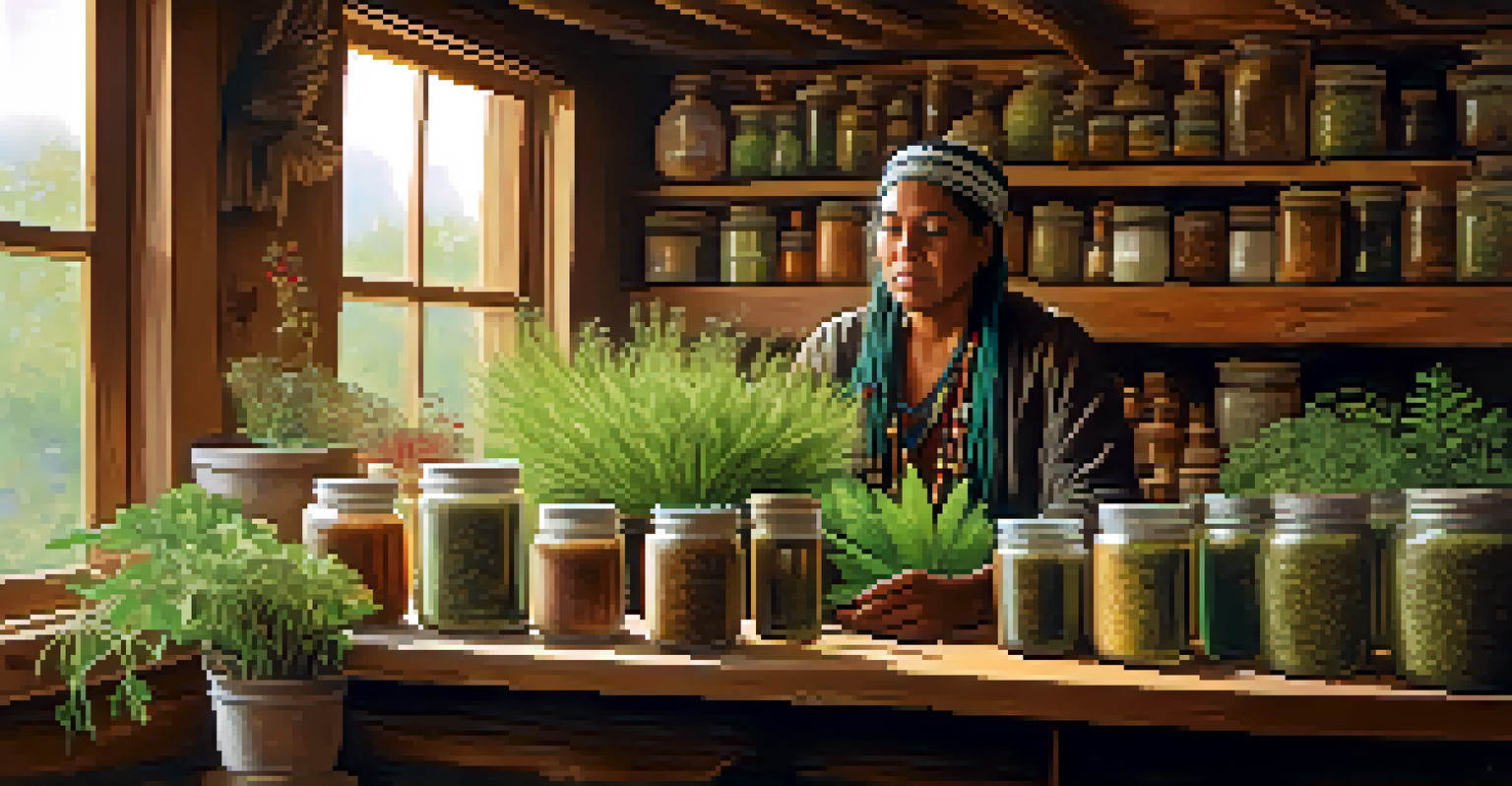 An Indigenous healer in a rustic setting preparing a herbal remedy surrounded by jars of native medicinal plants.