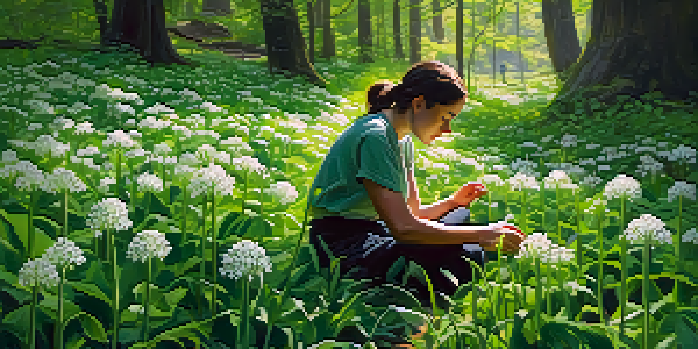 A person kneeling in a green forest, foraging for wild garlic with a basket beside them filled with greenery. Sunlight creates a dappled effect on the ground.