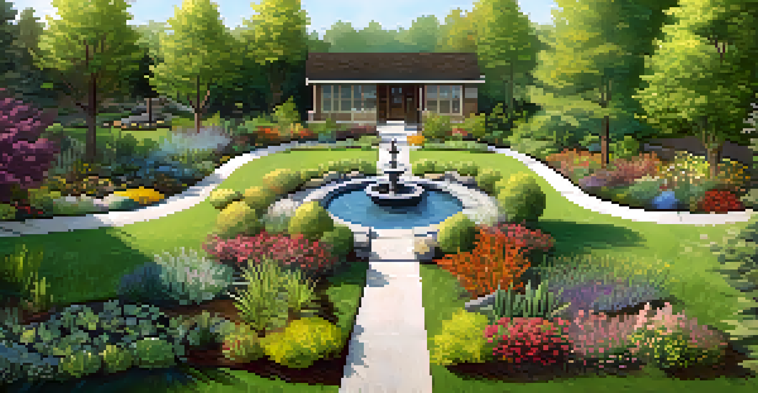An aerial view of a community rain garden with native plants, a small pond, and pollinators like bees and butterflies among the flowers.