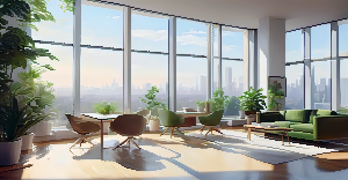 A modern office with large windows allowing sunlight to fill the space, featuring minimalist furniture and green plants.