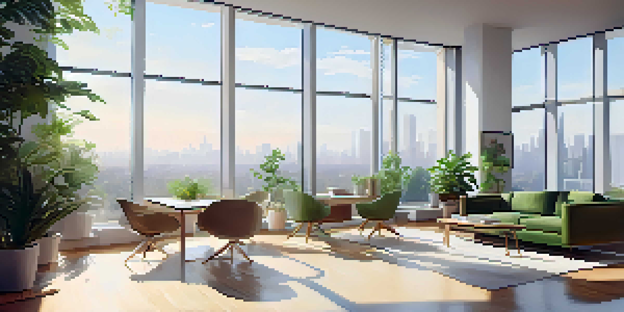 A modern office with large windows allowing sunlight to fill the space, featuring minimalist furniture and green plants.