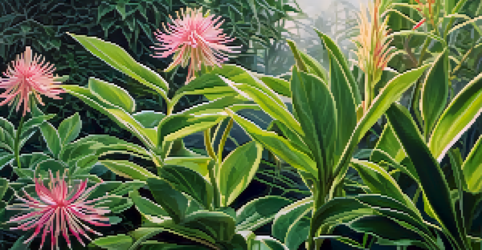 A close-up of endangered plant species in a botanical garden, highlighting their intricate textures and colors.