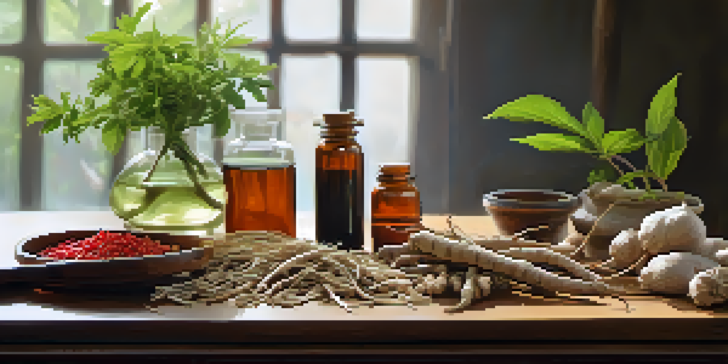 A still life arrangement of fresh ginseng roots and traditional Chinese herbal remedies on a wooden table, with gentle lighting and a peaceful garden in the background.