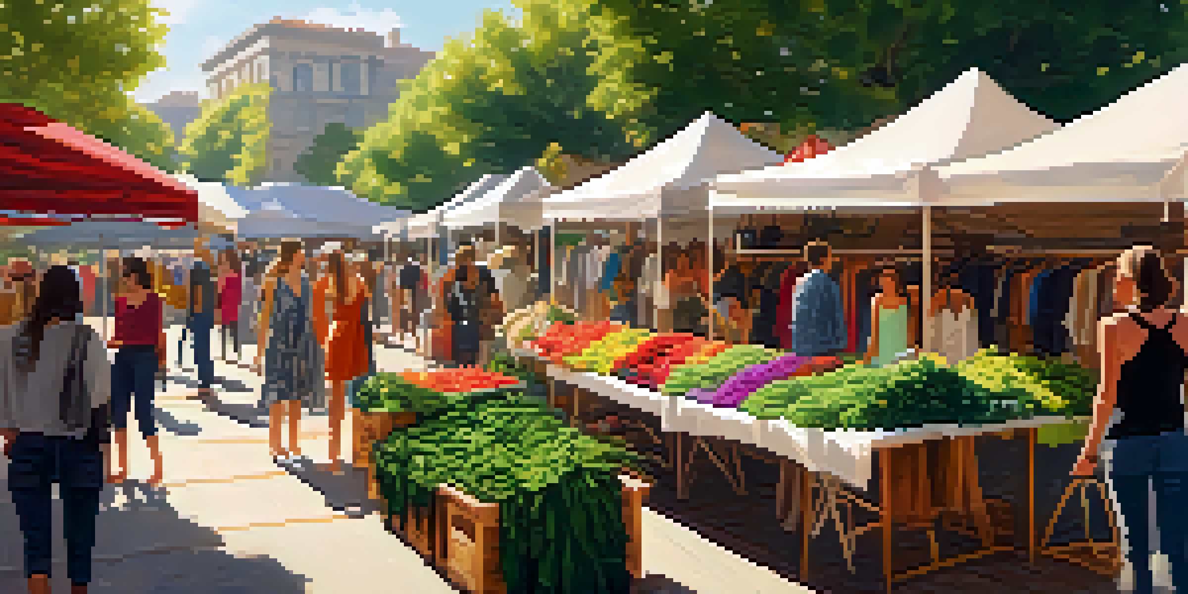 An outdoor market filled with colorful sustainable fashion garments made from plant-based materials, surrounded by greenery and people shopping.