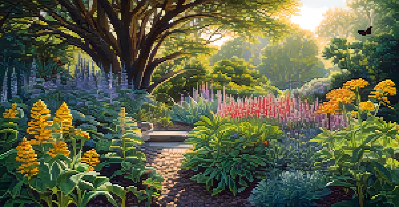 A close-up of a native plant garden with colorful flowers and insects, illuminated by gentle sunlight.