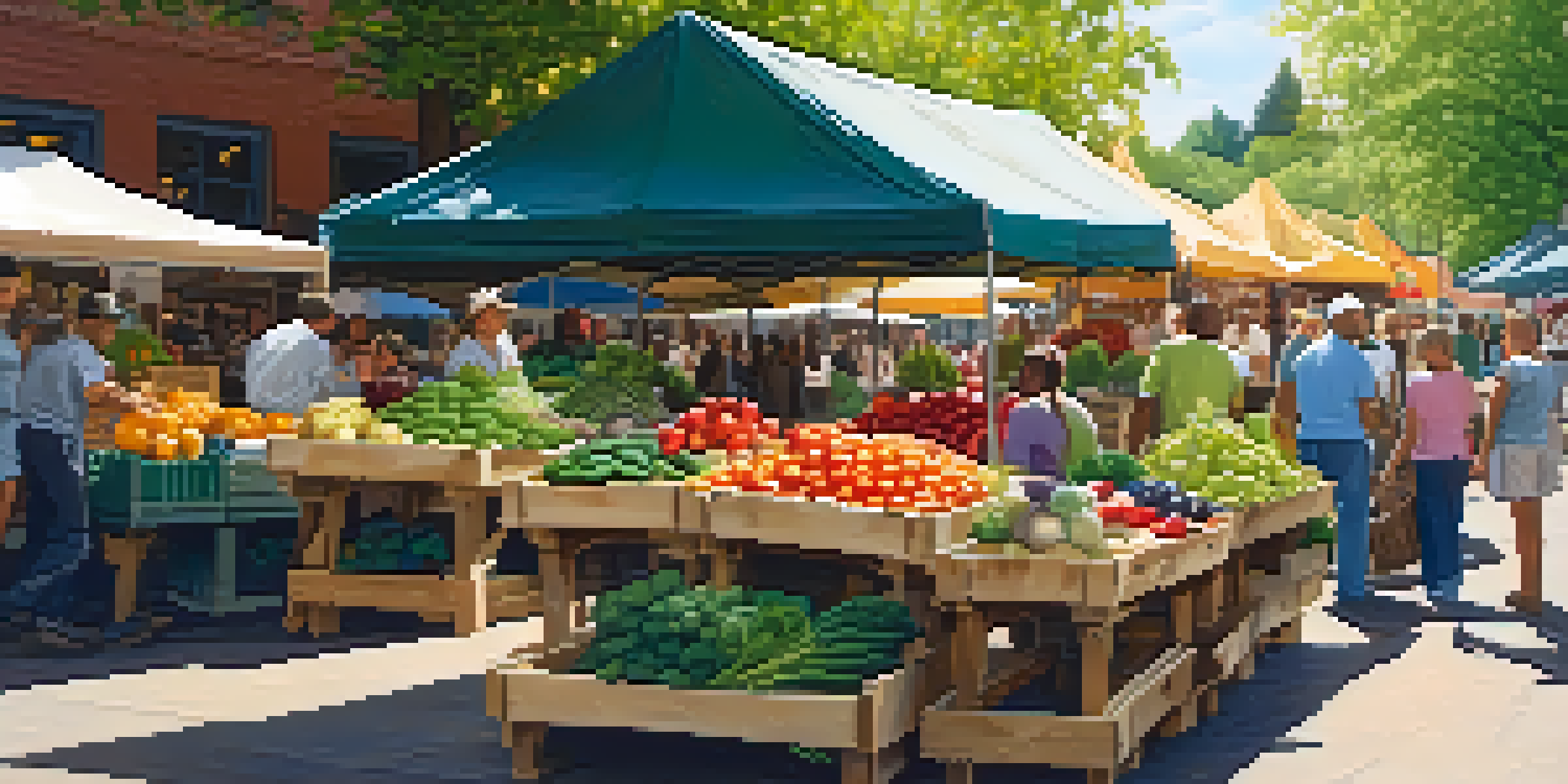 A bustling farmer's market filled with colorful fruits and vegetables in wooden crates, with sunlight filtering through trees and community members shopping.