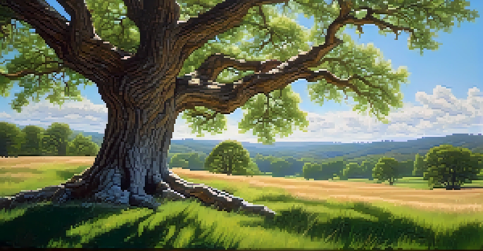 A majestic oak tree in a sunny meadow with rolling hills in the background and blue sky.