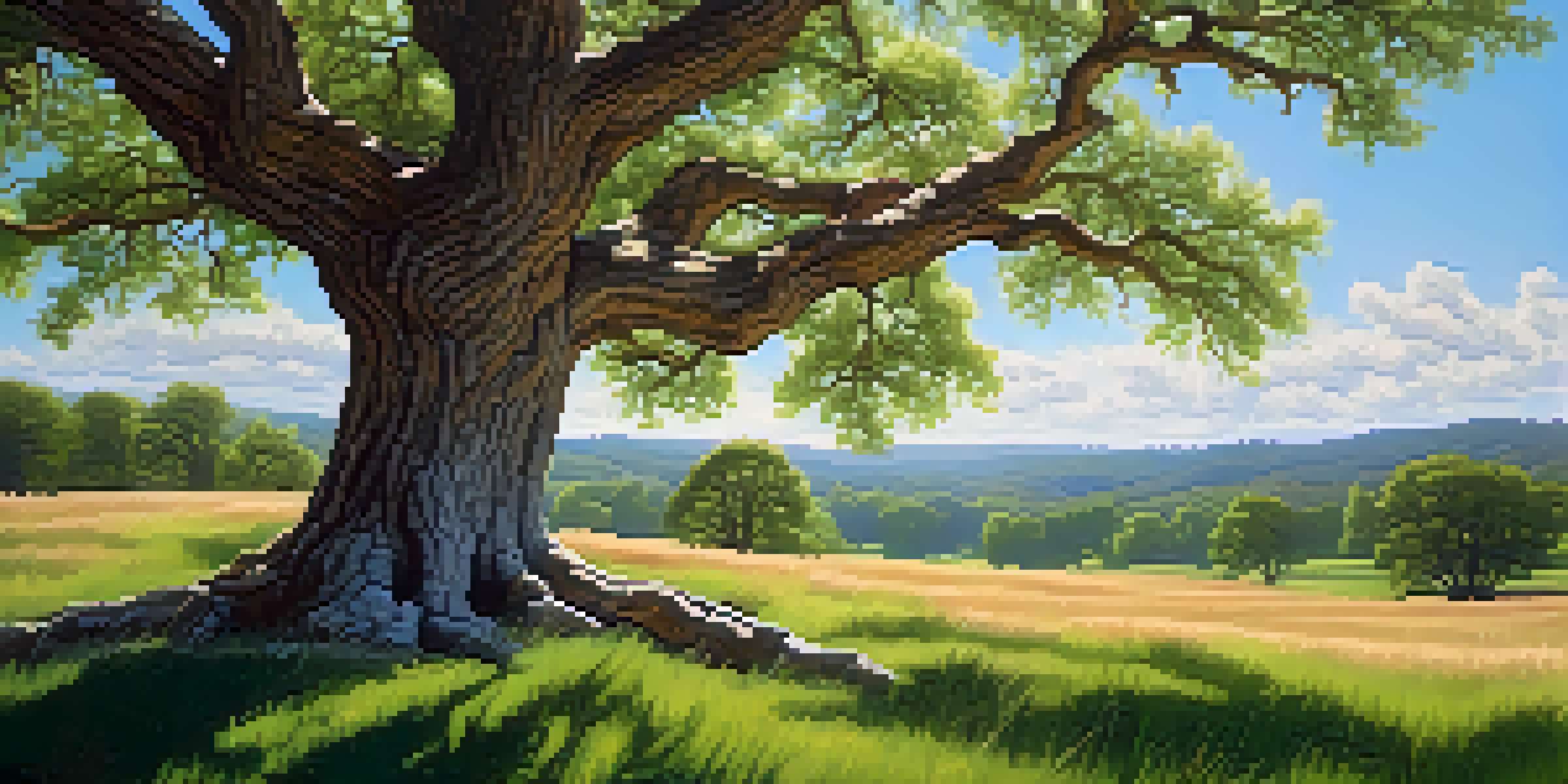A majestic oak tree in a sunny meadow with rolling hills in the background and blue sky.