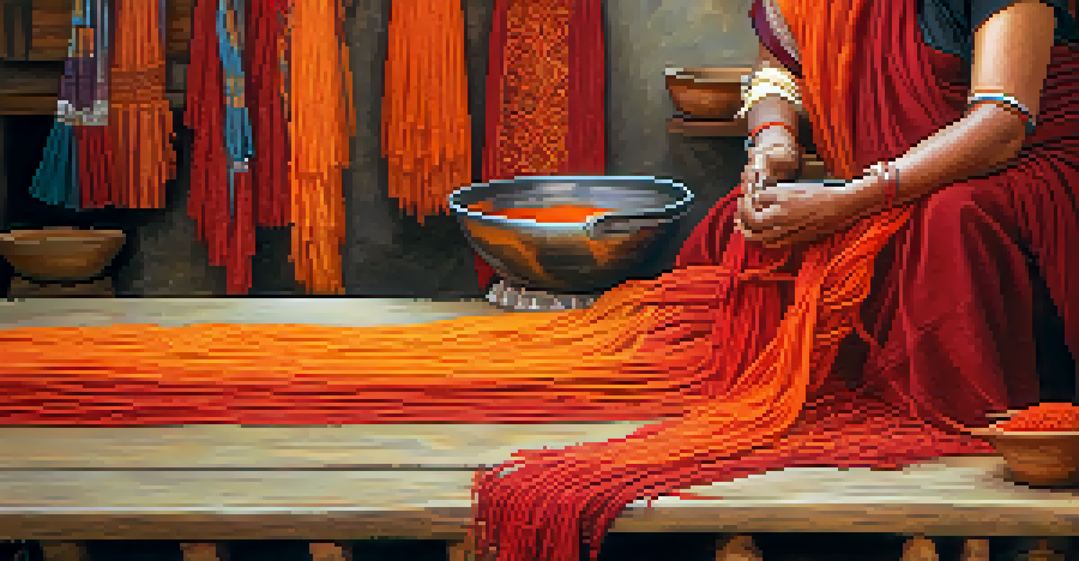 An artisan dyeing fabric with madder root, surrounded by colorful textiles.
