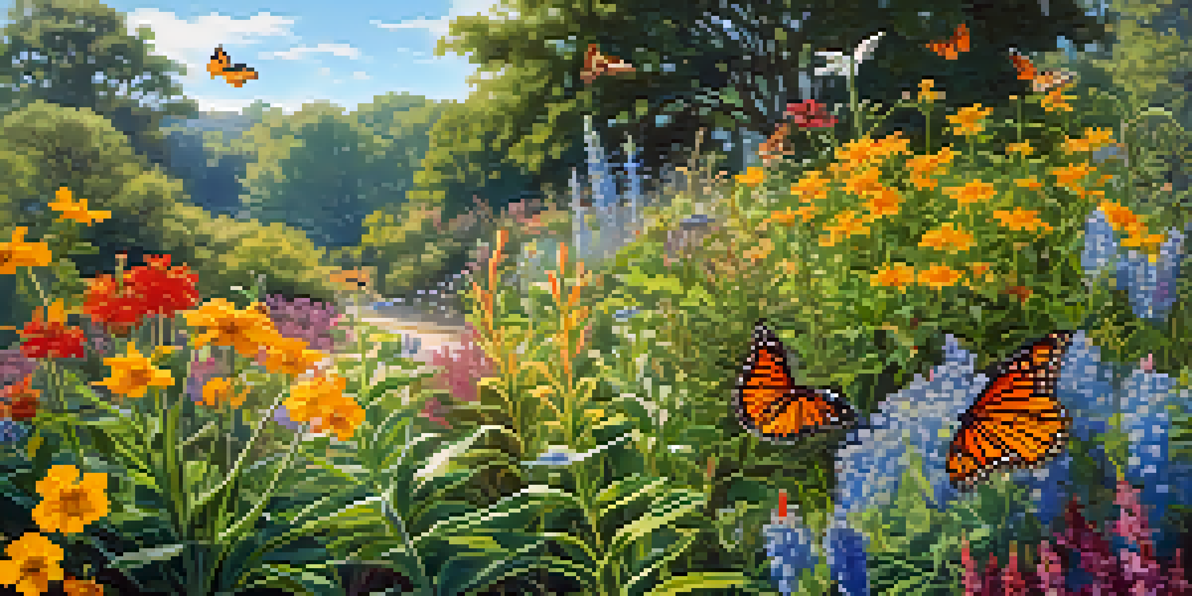 A colorful garden with various native plants and butterflies under a clear blue sky.