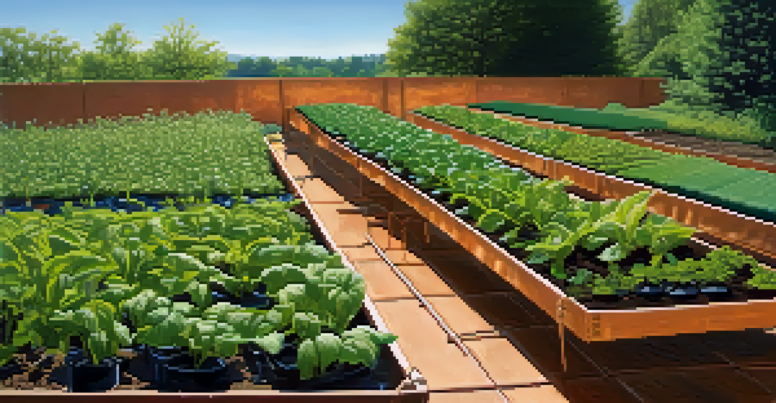 A lush garden with seedlings covered by row covers and copper tape around pots, demonstrating physical barriers against pests.