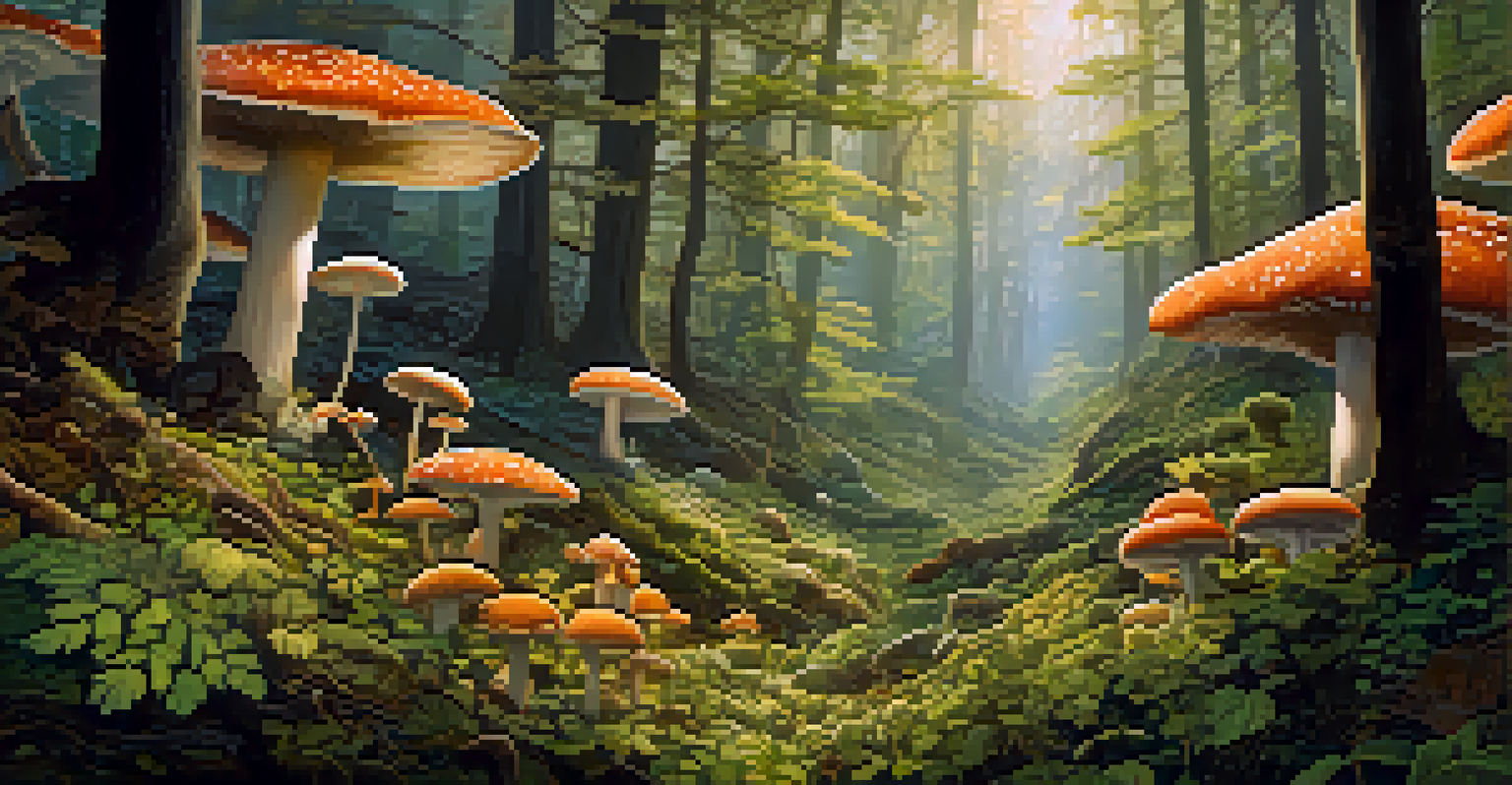An aerial perspective of a dense forest with varied plants and trees, featuring fallen leaves and mushrooms, with sunlight creating a dappled effect on the forest floor.